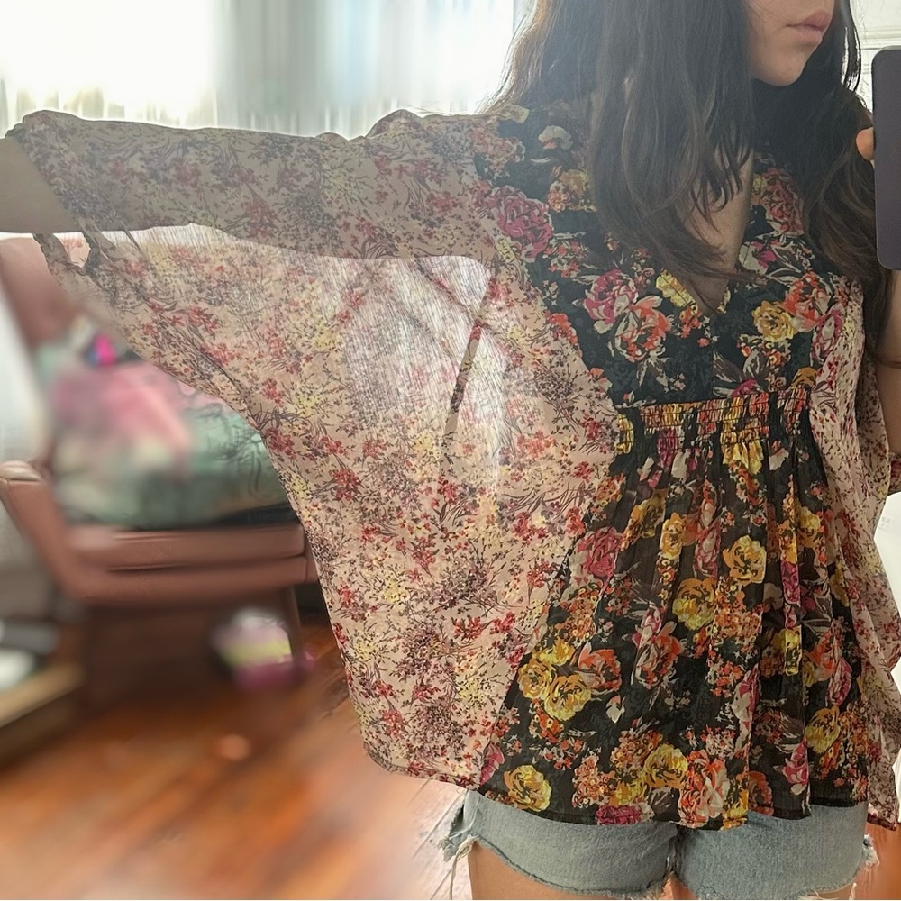 PacSun 70s style floral print sheer butterfly pullover top